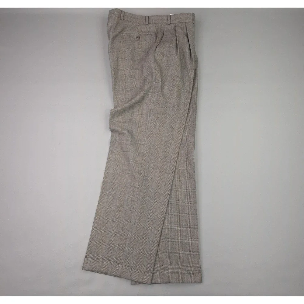 Polo University Pants Mens 35x32 Gray Wool Glen Plaid Pleated Cuffed Trousers
